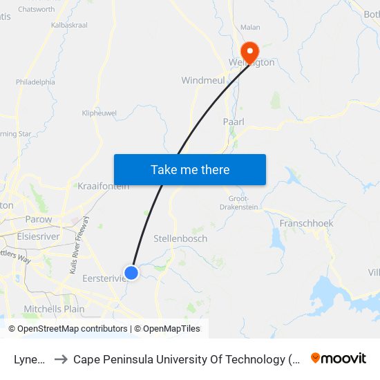 Lynedoch to Cape Peninsula University Of Technology (Wellington Campus) map