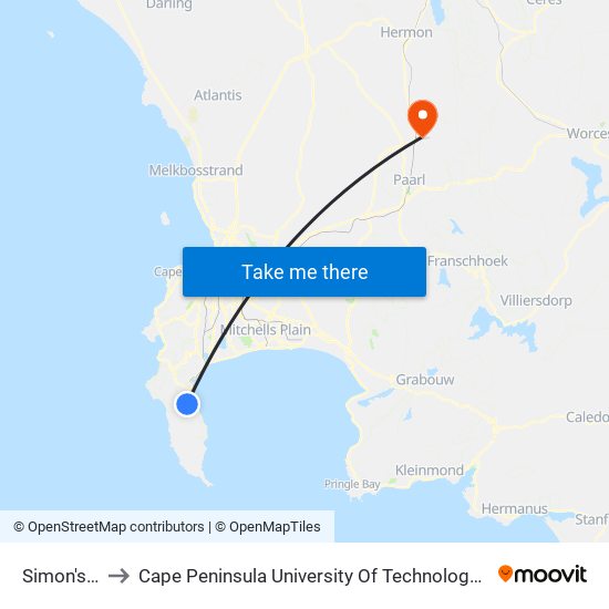 Simon's Town to Cape Peninsula University Of Technology (Wellington Campus) map
