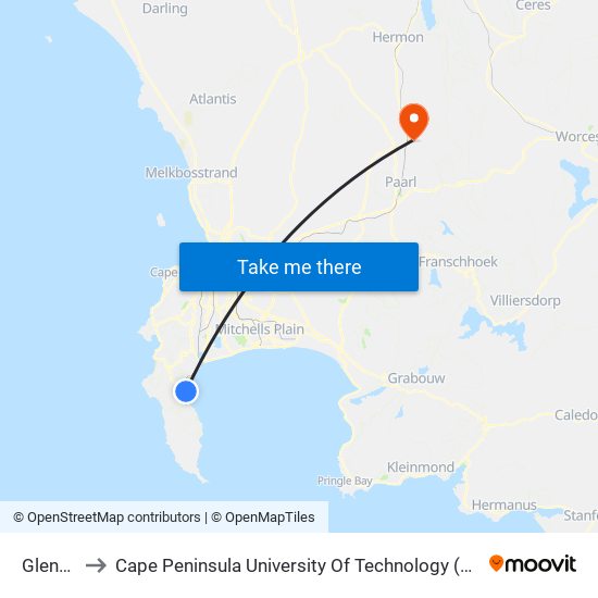 Glencairn to Cape Peninsula University Of Technology (Wellington Campus) map