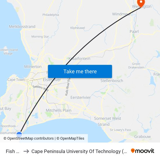Fish Hoek to Cape Peninsula University Of Technology (Wellington Campus) map