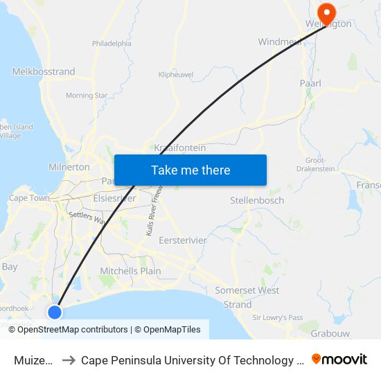 Muizenberg to Cape Peninsula University Of Technology (Wellington Campus) map