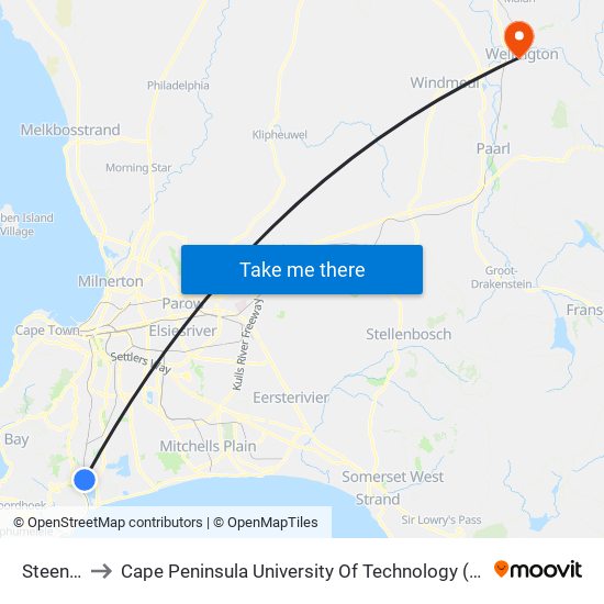 Steenberg to Cape Peninsula University Of Technology (Wellington Campus) map