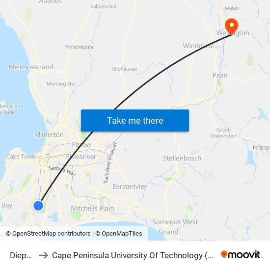 Dieprivier to Cape Peninsula University Of Technology (Wellington Campus) map