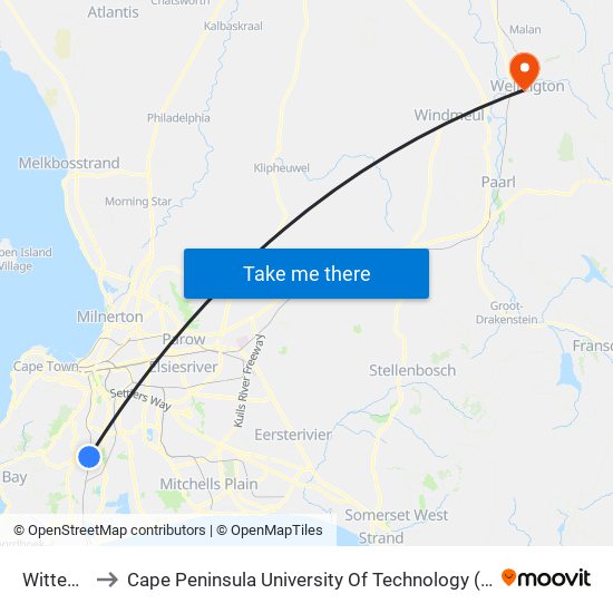 Wittebome to Cape Peninsula University Of Technology (Wellington Campus) map