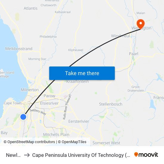 Newlands to Cape Peninsula University Of Technology (Wellington Campus) map