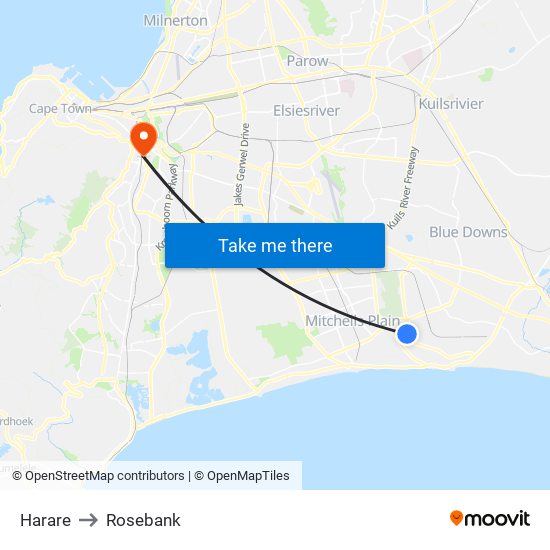 Harare to Rosebank map
