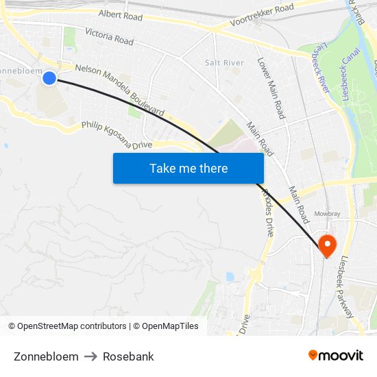 Zonnebloem to Rosebank map