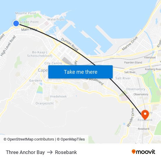 Three Anchor Bay to Rosebank map