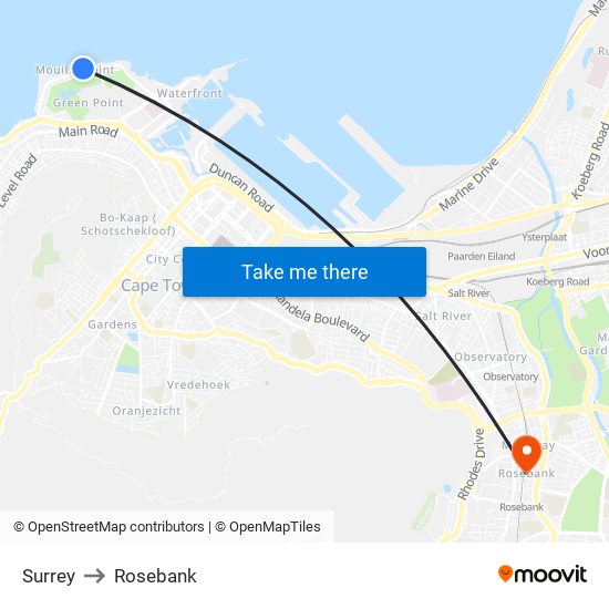 Surrey to Rosebank map