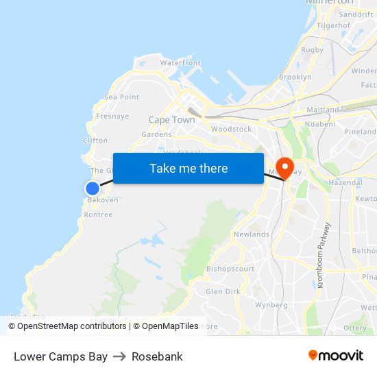 Lower Camps Bay to Rosebank map