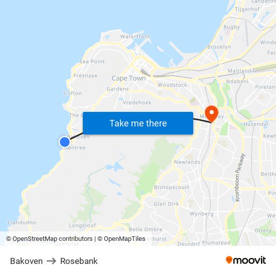 Bakoven to Rosebank map