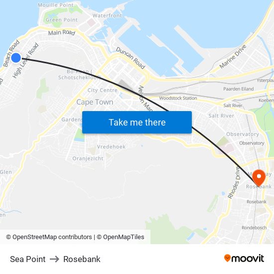 Sea Point to Rosebank map