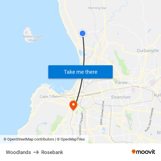 Woodlands to Rosebank map
