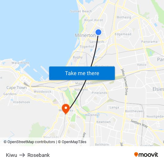 Kiwu to Rosebank map