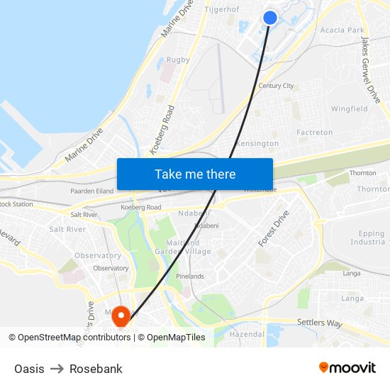 Oasis to Rosebank map