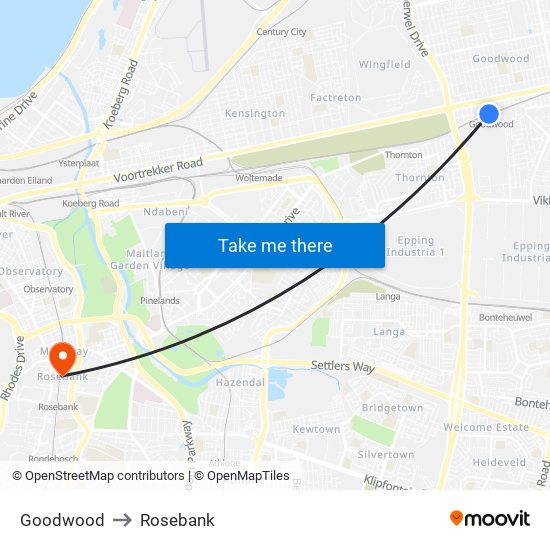Goodwood to Rosebank map