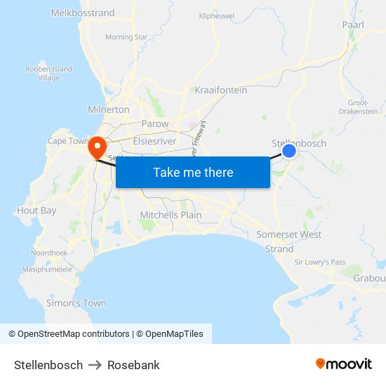 Stellenbosch to Rosebank map