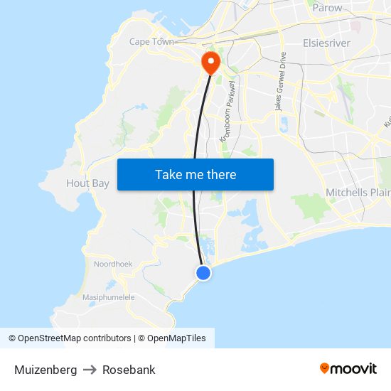 Muizenberg to Rosebank map