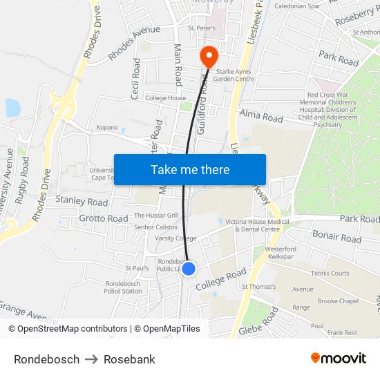 Rondebosch to Rosebank map