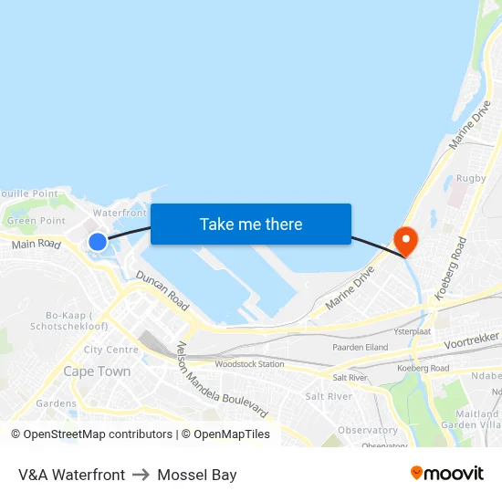 V&A Waterfront to Mossel Bay map