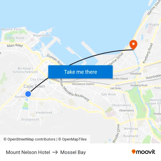 Mount Nelson Hotel to Mossel Bay map