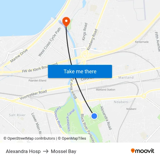 Alexandra Hosp to Mossel Bay map
