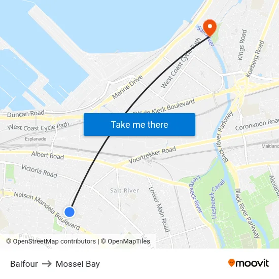 Balfour to Mossel Bay map
