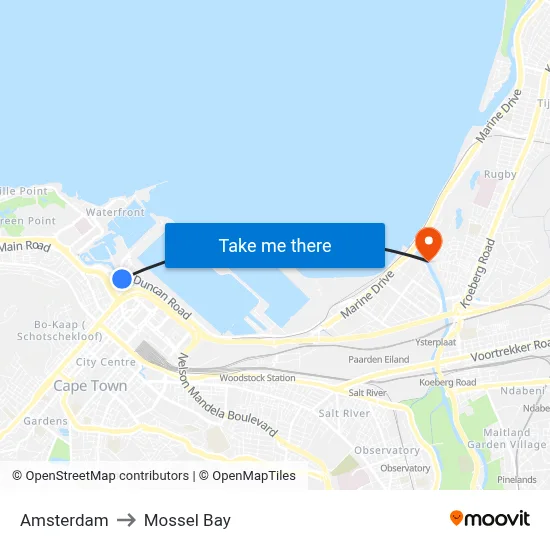 Amsterdam to Mossel Bay map