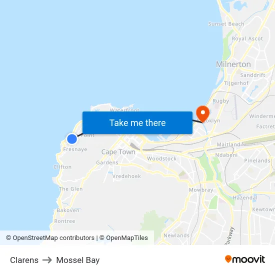 Clarens to Mossel Bay map