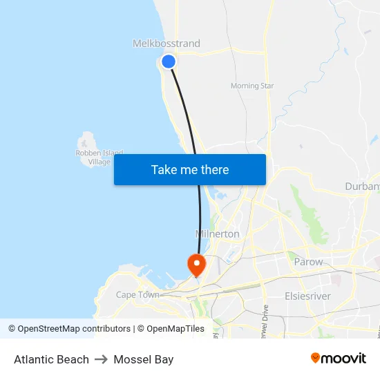 Atlantic Beach to Mossel Bay map