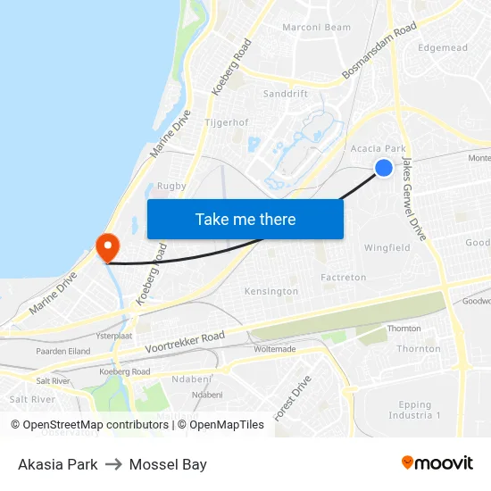 Akasia Park to Mossel Bay map