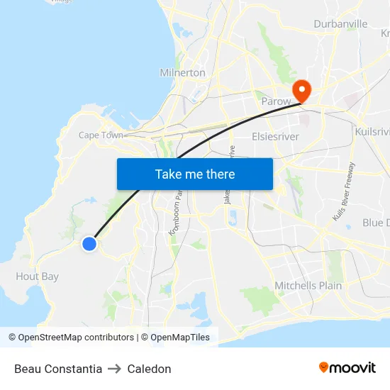 Beau Constantia to Caledon map
