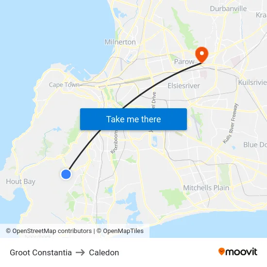Groot Constantia to Caledon map