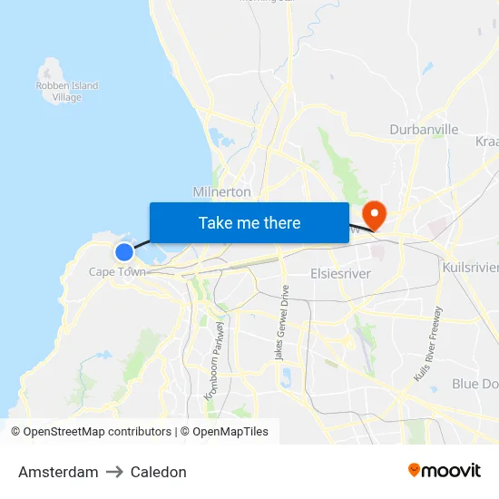 Amsterdam to Caledon map