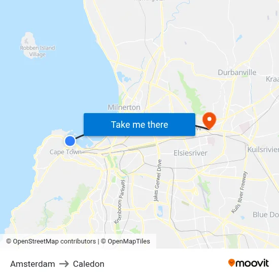 Amsterdam to Caledon map