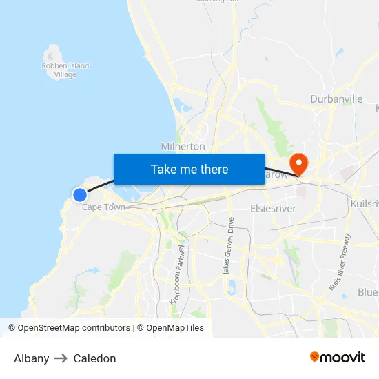 Albany to Caledon map