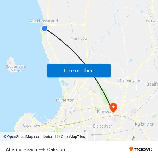 Atlantic Beach to Caledon map