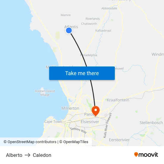 Alberto to Caledon map