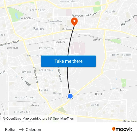 Belhar to Caledon map