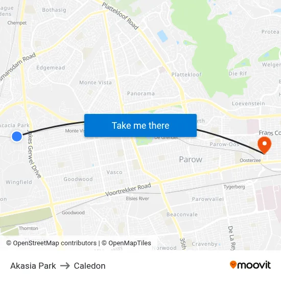 Akasia Park to Caledon map