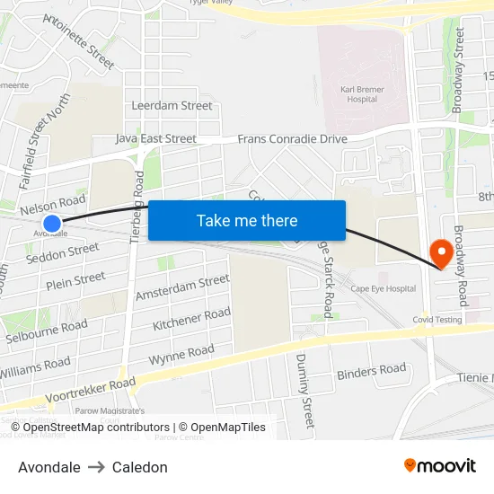 Avondale to Caledon map