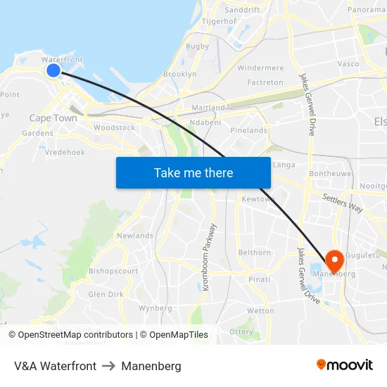V&A Waterfront to Manenberg map