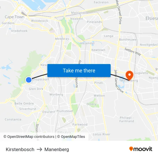 Kirstenbosch to Manenberg map