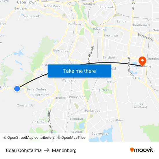 Beau Constantia to Manenberg map