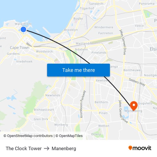 The Clock Tower to Manenberg map