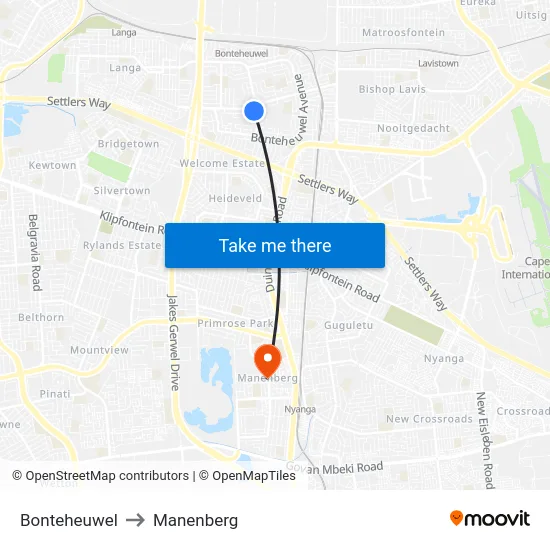 Bonteheuwel to Manenberg map