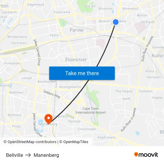 Bellville to Manenberg map