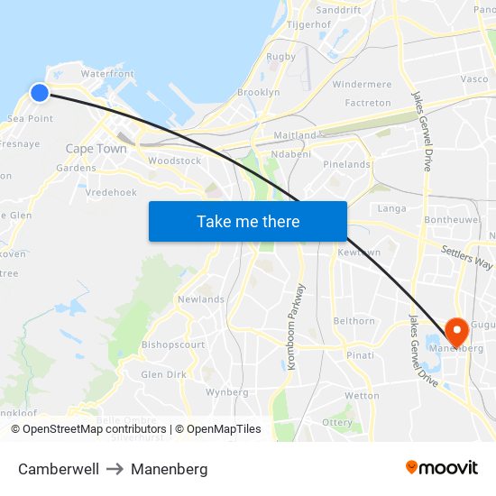 Camberwell to Manenberg map