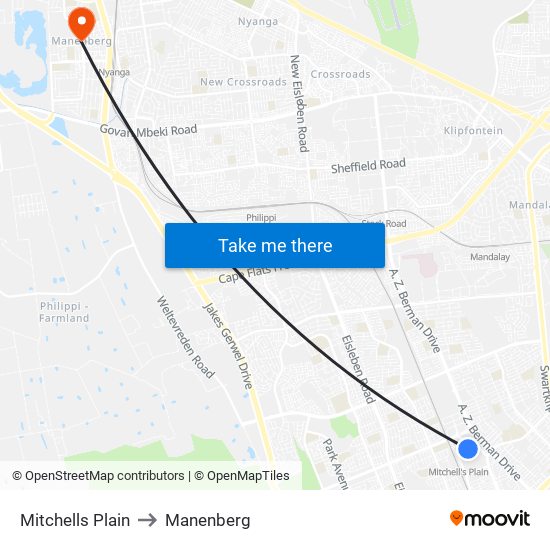 Mitchells Plain to Manenberg map