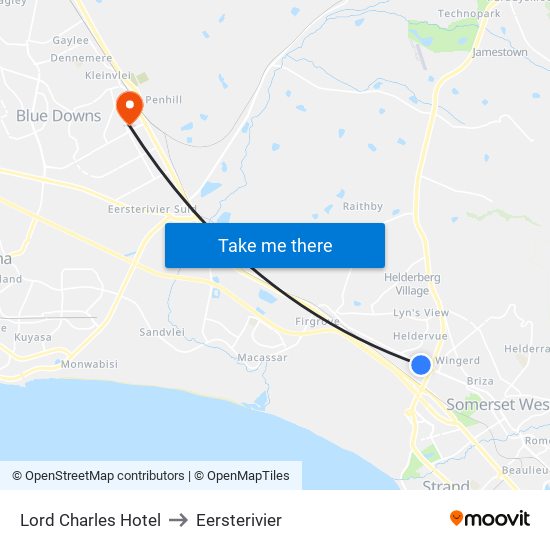 Lord Charles Hotel to Eersterivier map